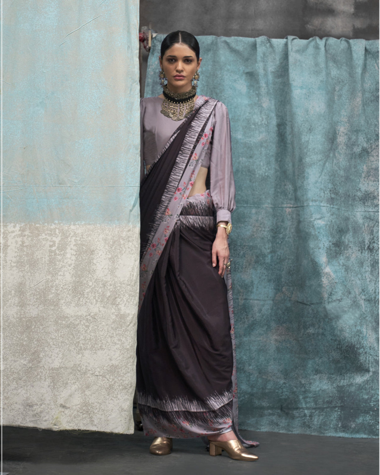 Black Printed Chanderi Crepe Saree with Unstitched Blouse