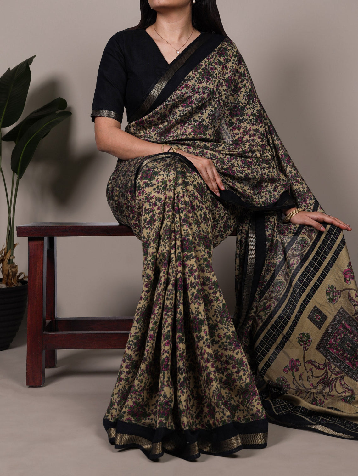 Black Printed Chanderi Polyester Viscose Saree with Zari Weaving Work & Unstitched Blouse — Festive & Traditional Party Wear Saree for Women