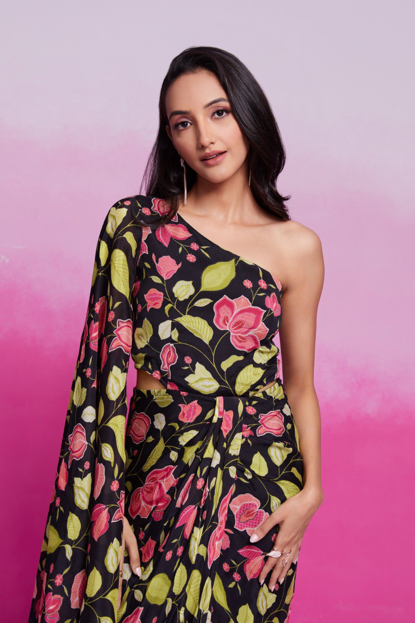 Black Printed Chinon Silk Kurta Set Ready To Wear Elegant Ensemble