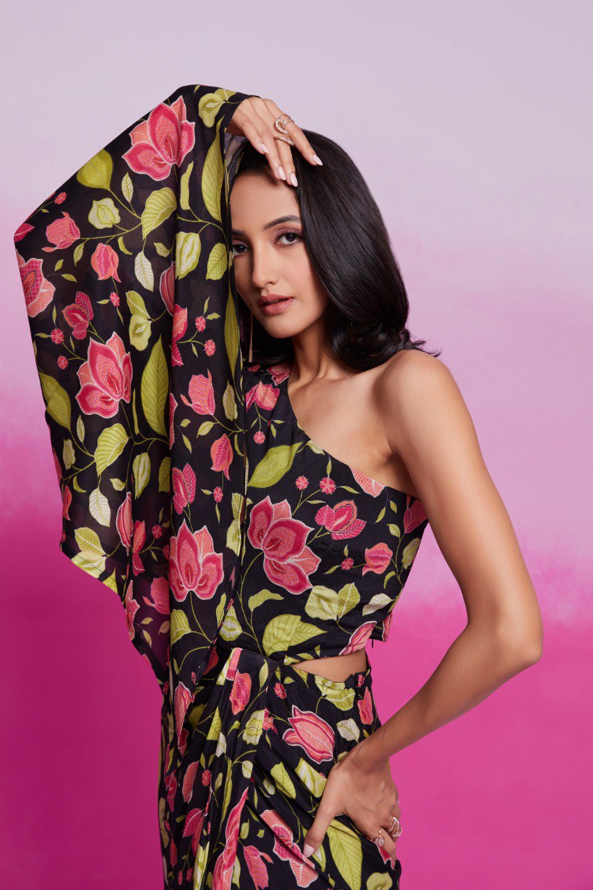 Black Printed Chinon Silk Kurta Set Ready To Wear Elegant Ensemble