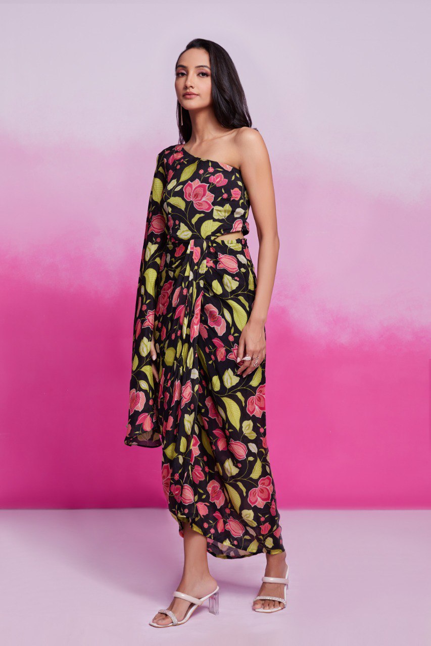 Black Printed Chinon Silk Kurta Set Ready To Wear Elegant Ensemble
