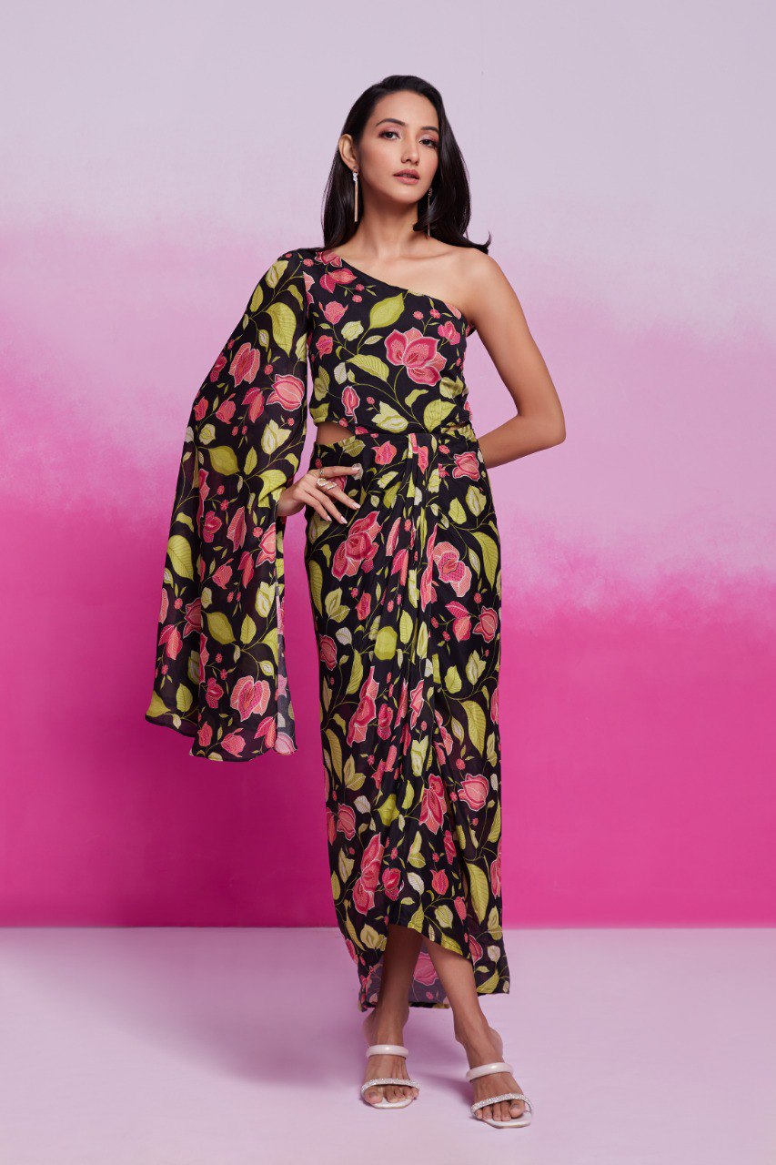 Black Printed Chinon Silk Kurta Set Ready To Wear Elegant Ensemble