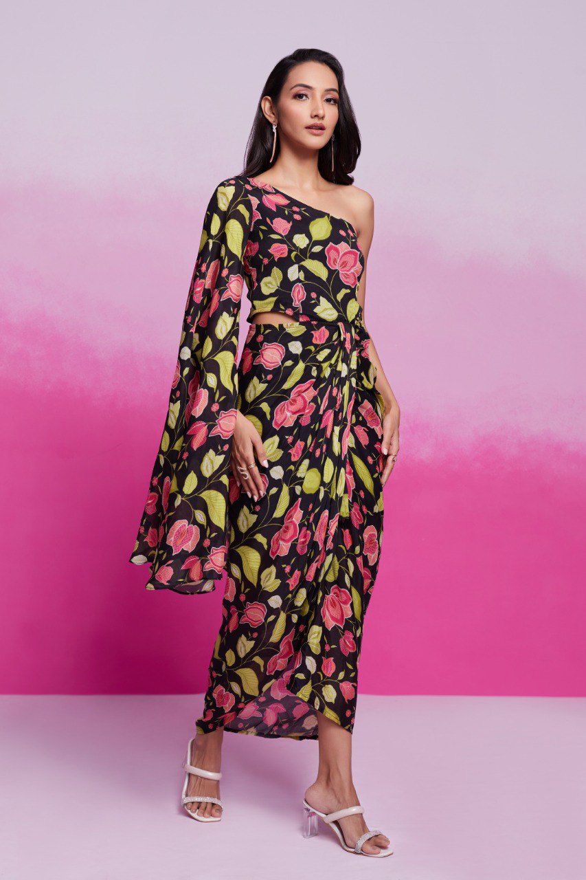 Black Printed Chinon Silk Kurta Set Ready To Wear Elegant Ensemble