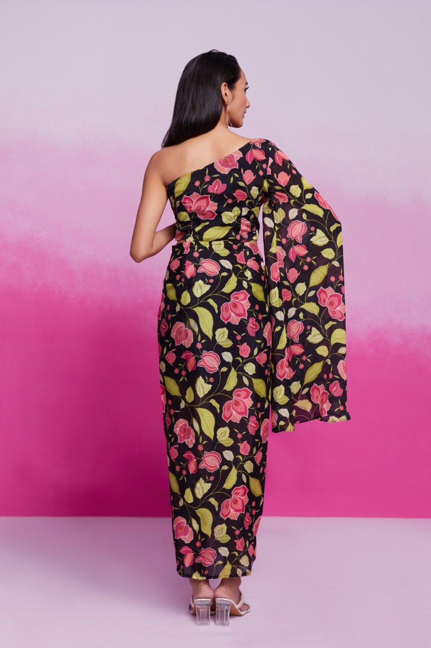 Black Printed Chinon Silk Kurta Set Ready To Wear Elegant Ensemble