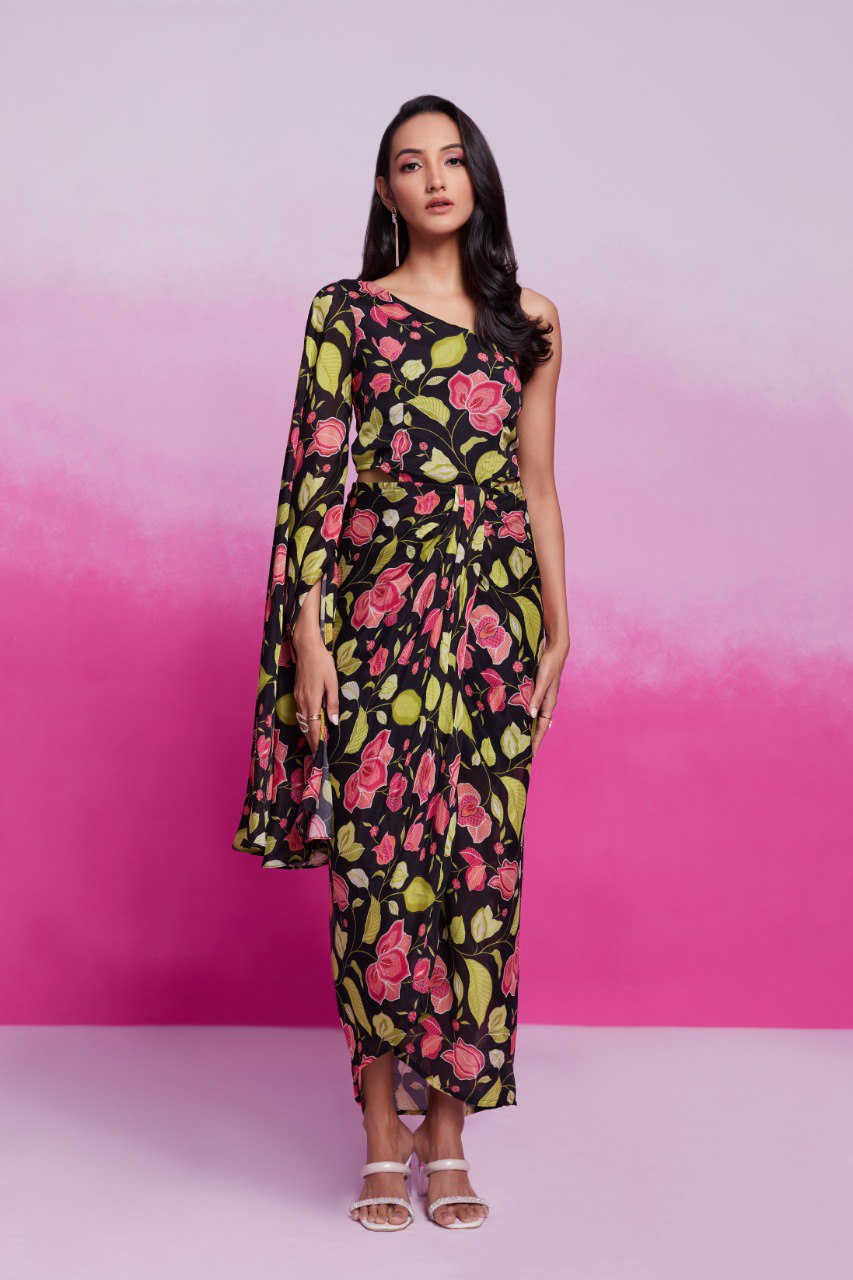 Black Printed Chinon Silk Kurta Set Ready To Wear Elegant Ensemble