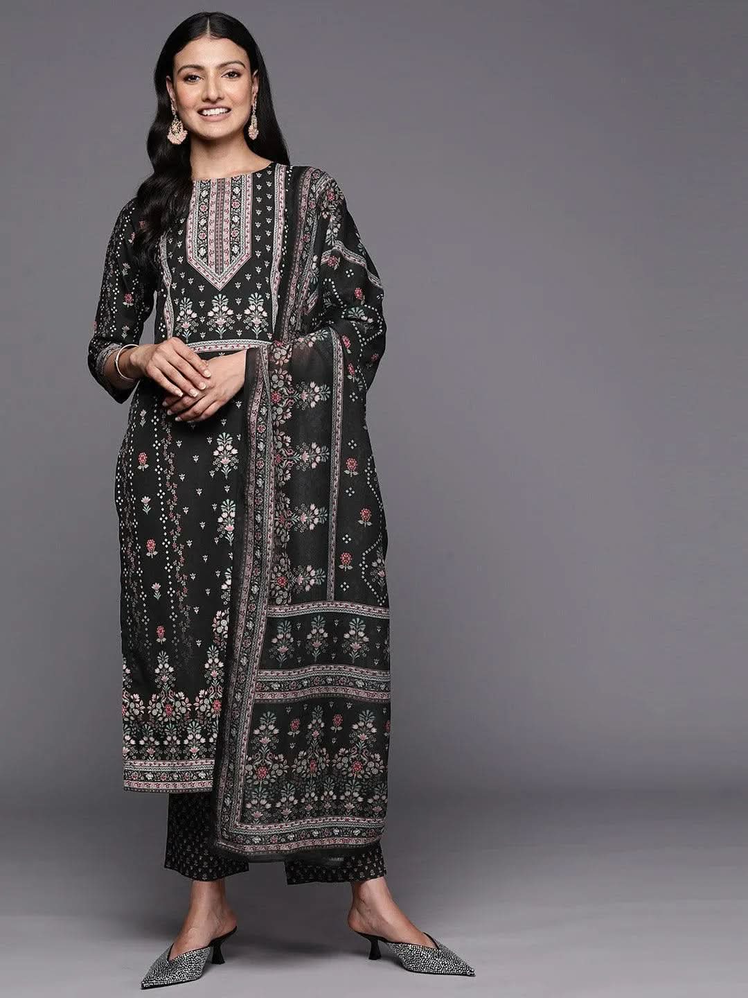 Libas Black Printed Crepe Straight Kurta With Trousers & Dupatta