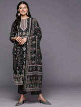 Libas Black Printed Crepe Straight Kurta With Trousers & Dupatta