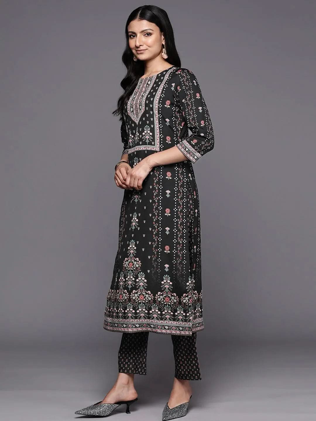 Libas Black Printed Crepe Straight Kurta With Trousers & Dupatta