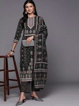Libas Black Printed Crepe Straight Kurta With Trousers & Dupatta