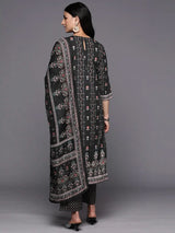 Libas Black Printed Crepe Straight Kurta With Trousers & Dupatta