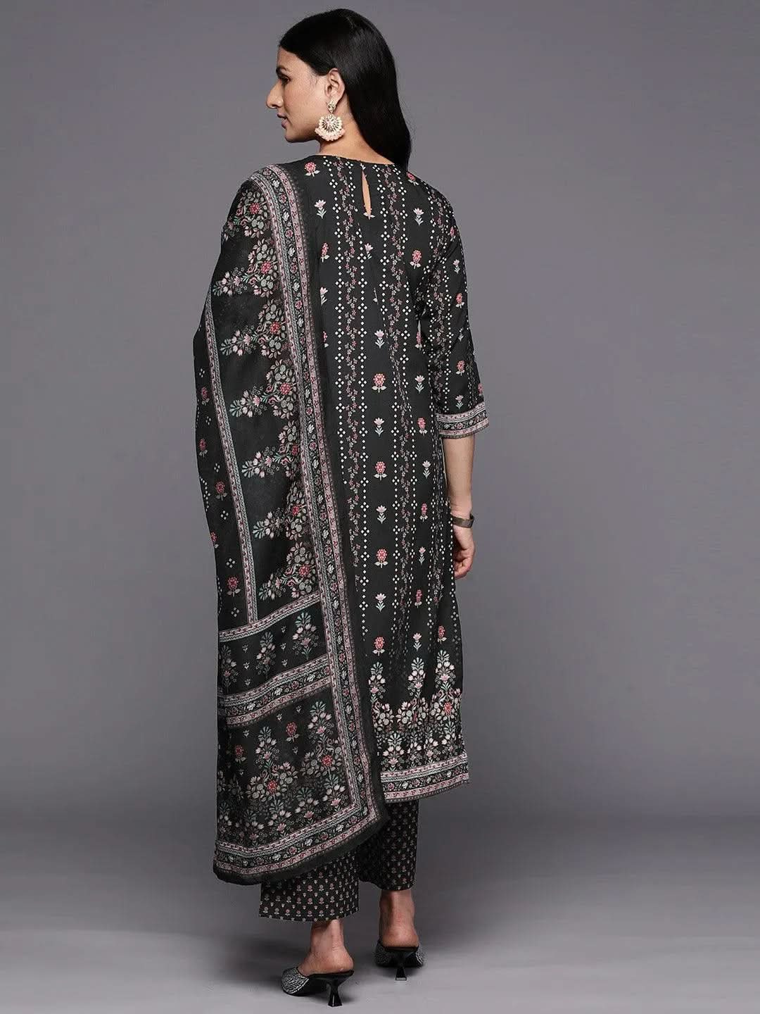 Libas Black Printed Crepe Straight Kurta With Trousers & Dupatta