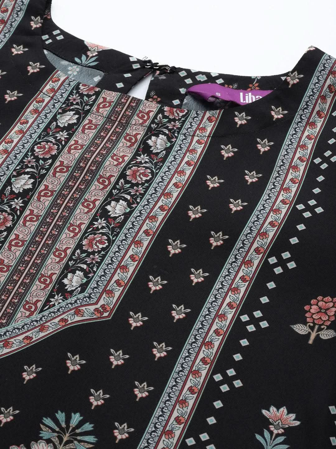 Libas Black Printed Crepe Straight Kurta With Trousers & Dupatta