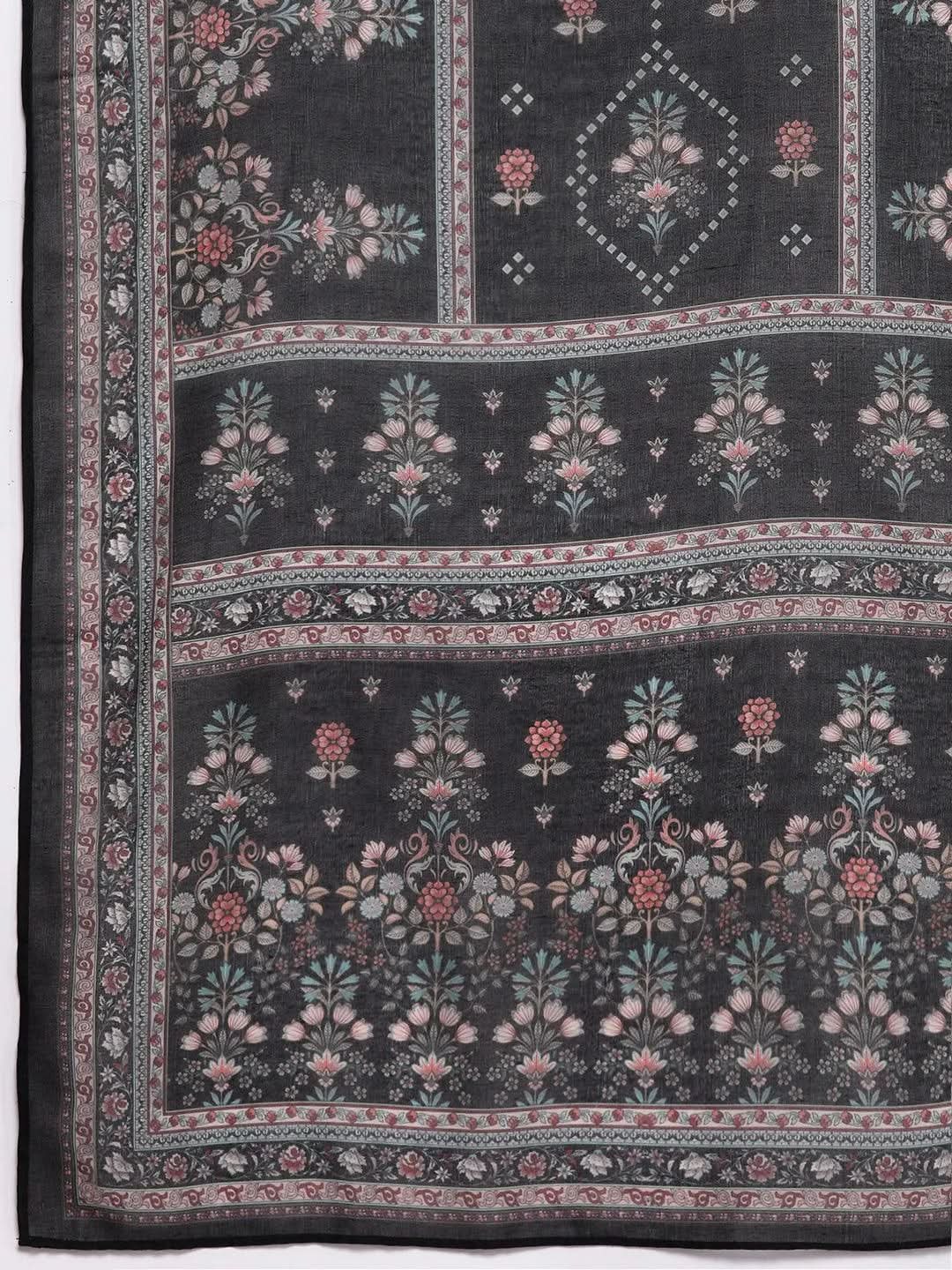 Libas Black Printed Crepe Straight Kurta With Trousers & Dupatta