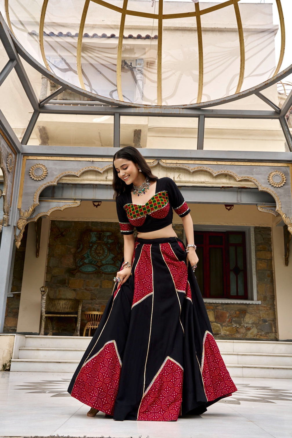 Black Printed Gotta Patti & Mirror Work Lehenga Set