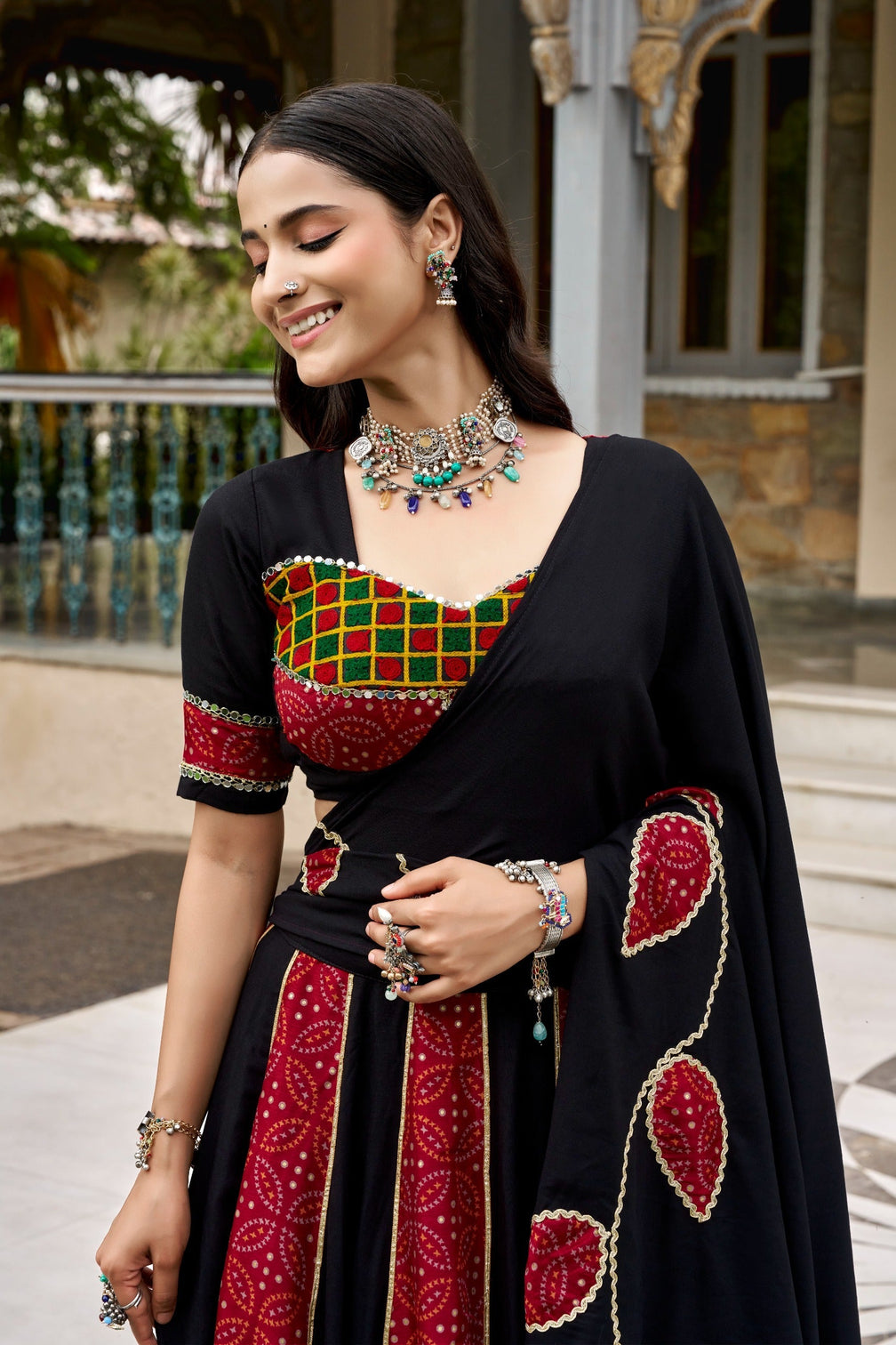 Black Printed Gotta Patti & Mirror Work Lehenga Set