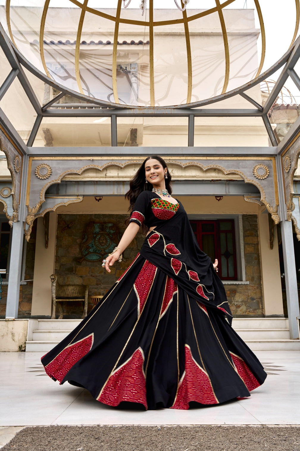 Black Printed Gotta Patti & Mirror Work Lehenga Set