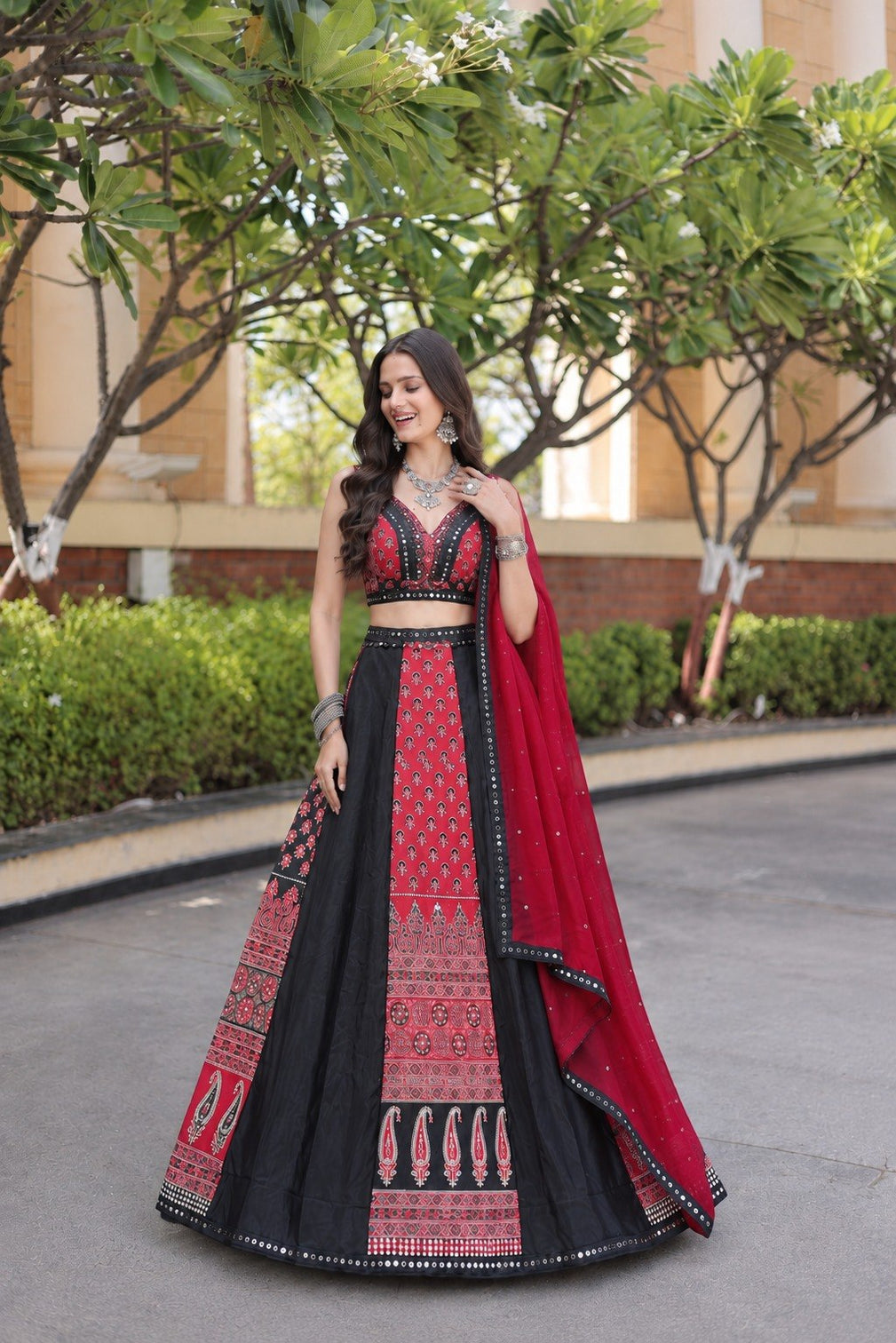 Black Printed Mirror Work Lehenga Set