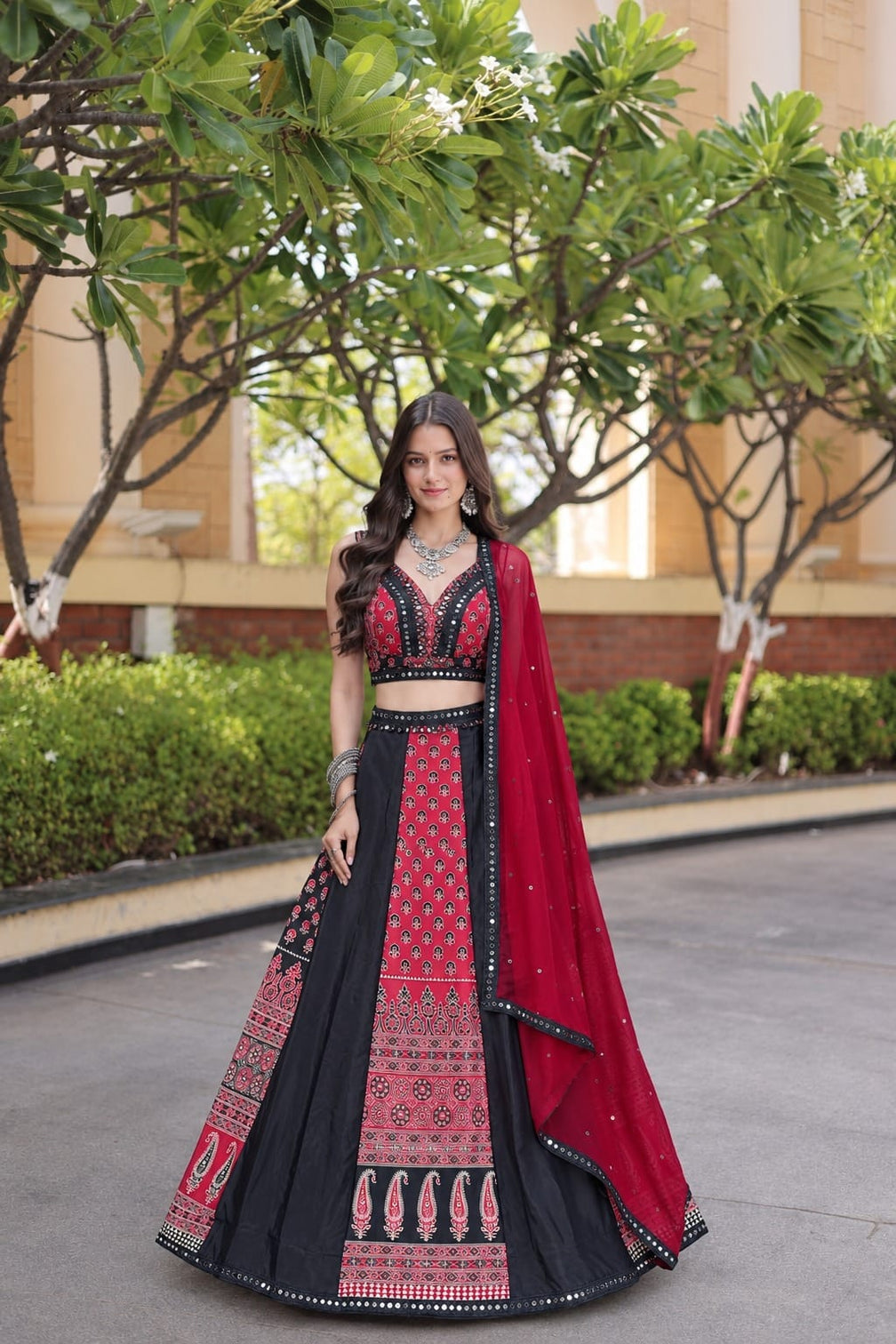 Black Printed Mirror Work Lehenga Set