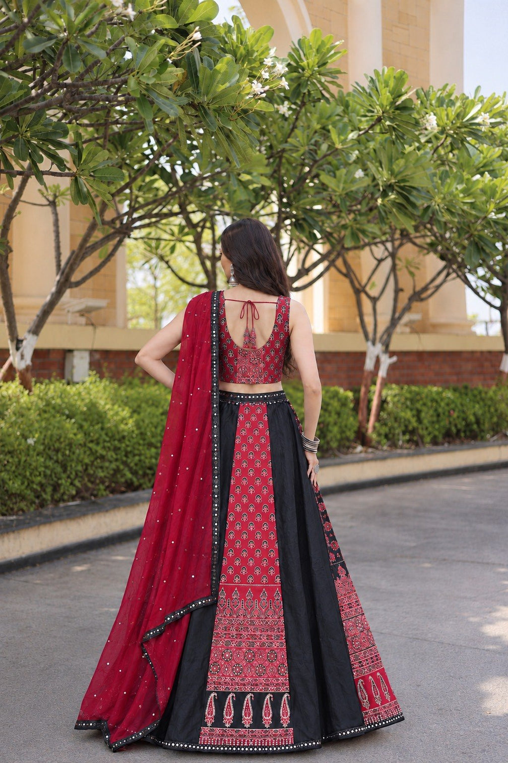 Black Printed Mirror Work Lehenga Set