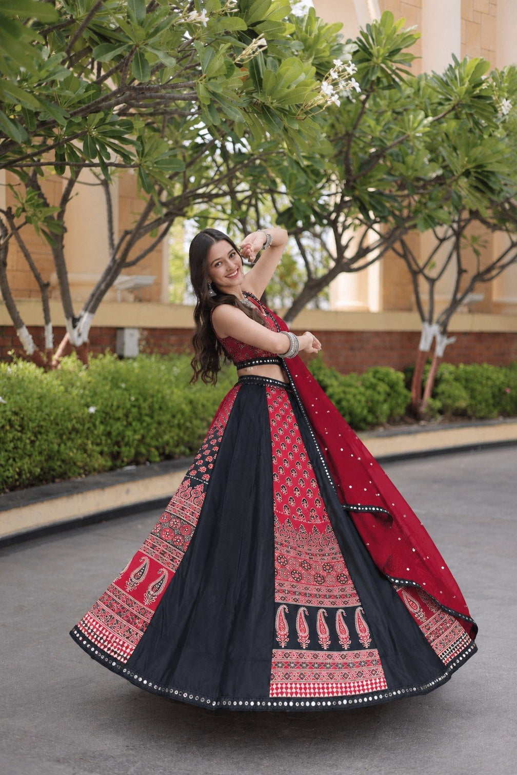 Black Printed Mirror Work Lehenga Set