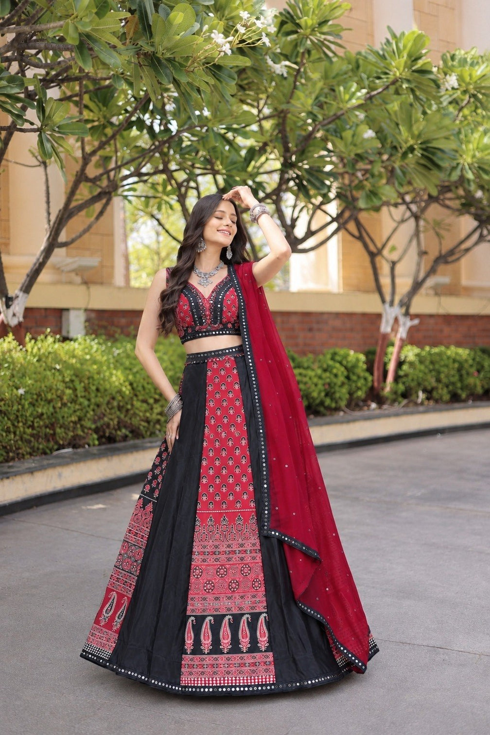 Black Printed Mirror Work Lehenga Set