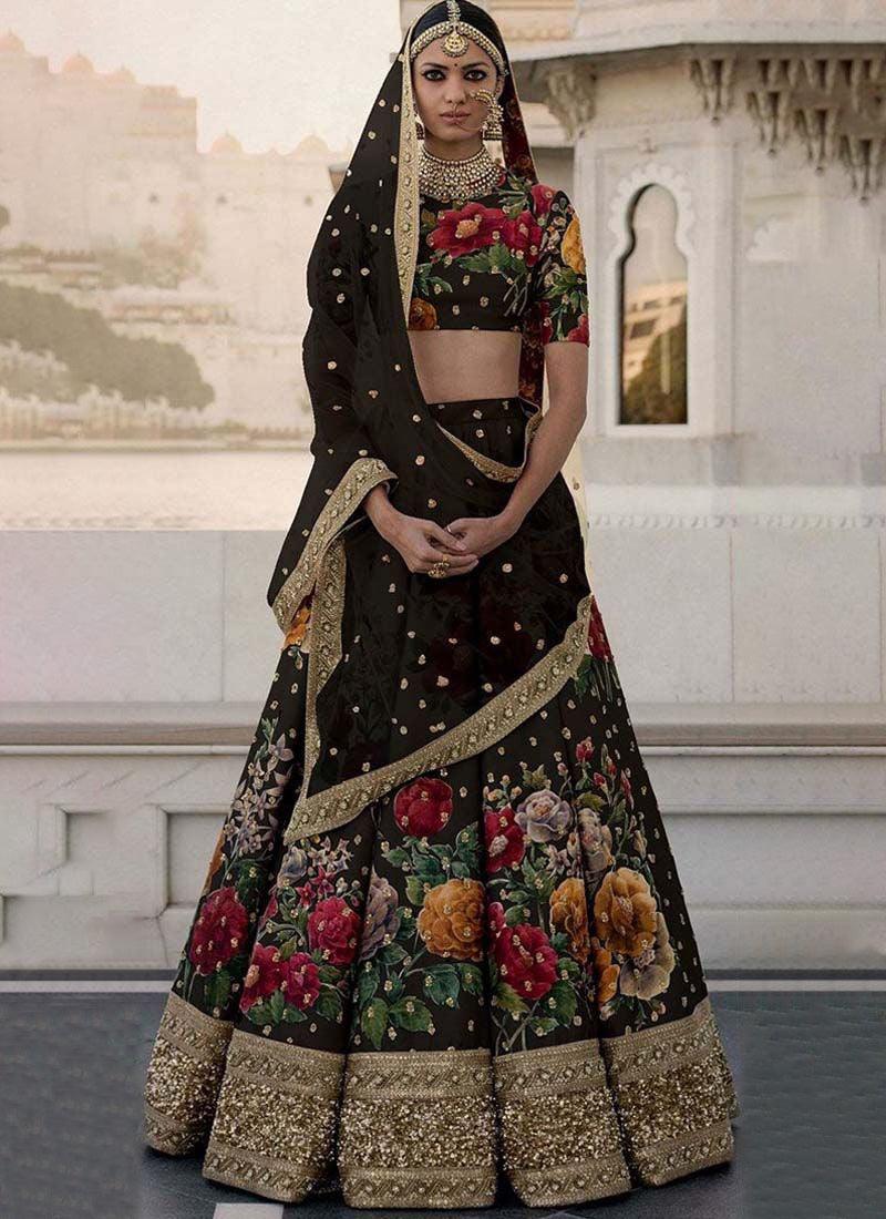 Black Printed Pearl Work Heavily Drape Lehenga Choli Set