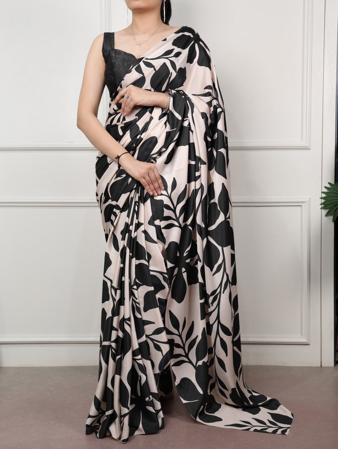 Black Printed Satin Silk Saree