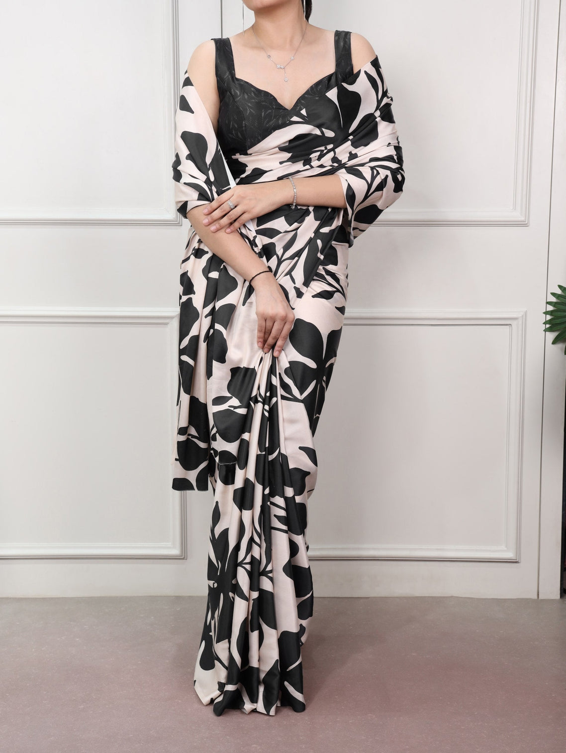 Black Printed Satin Silk Saree