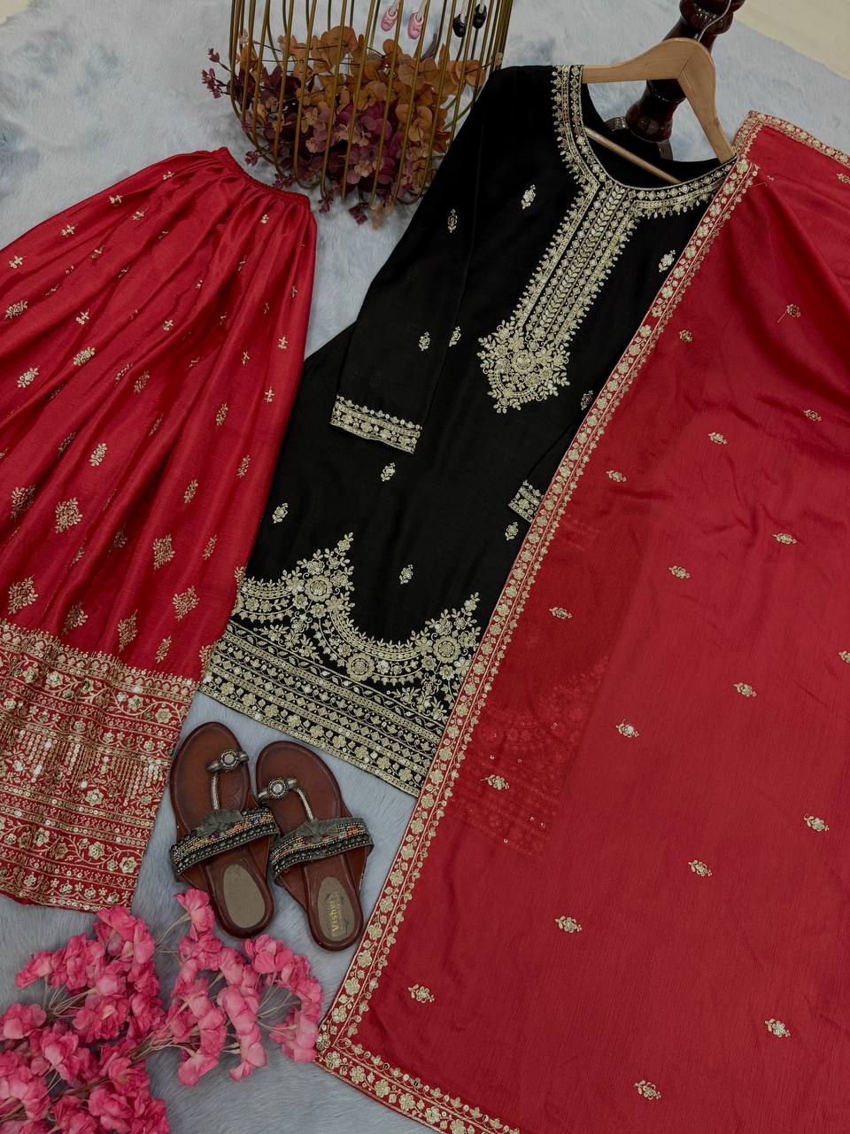 Black Pure Chinon Silk Embroidered Palazzo Set with 5mm Sequin Work & Matching Dupatta