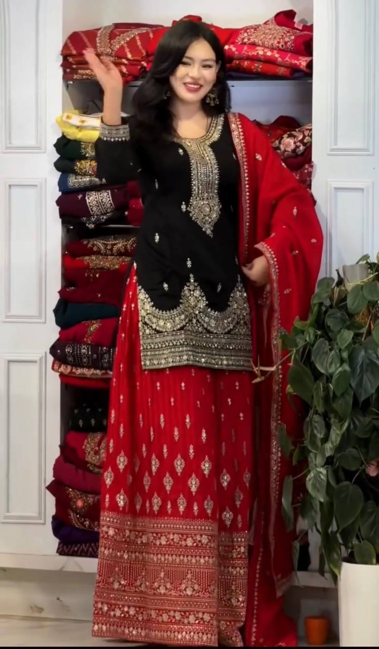 Black Pure Chinon Silk Embroidered Palazzo Set with 5mm Sequin Work & Matching Dupatta