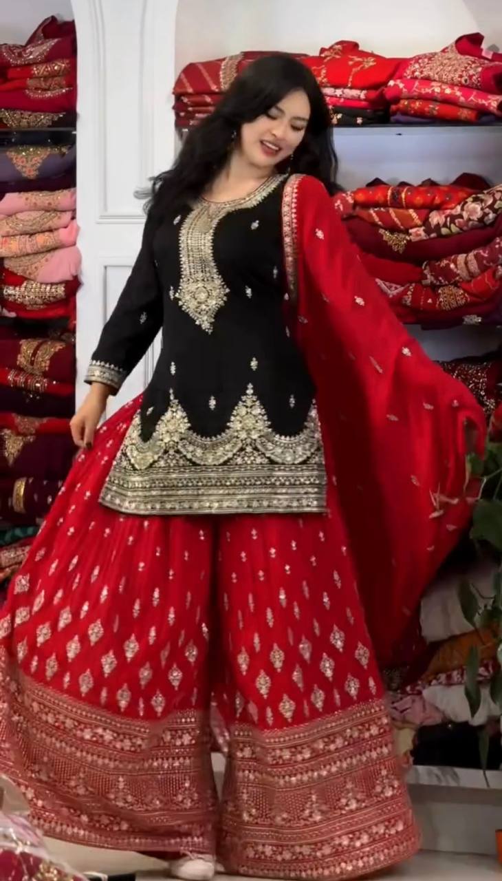 Black Pure Chinon Silk Embroidered Palazzo Set with 5mm Sequin Work & Matching Dupatta