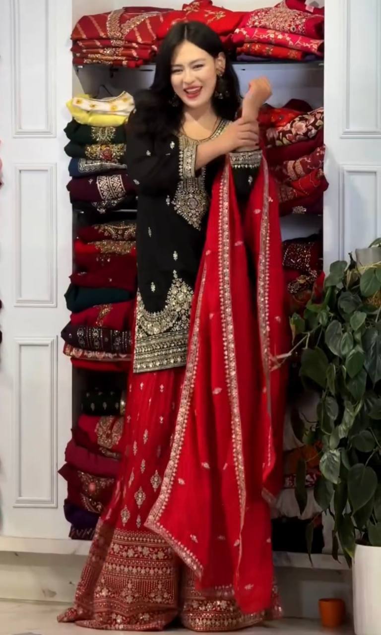 Black Pure Chinon Silk Embroidered Palazzo Set with 5mm Sequin Work & Matching Dupatta