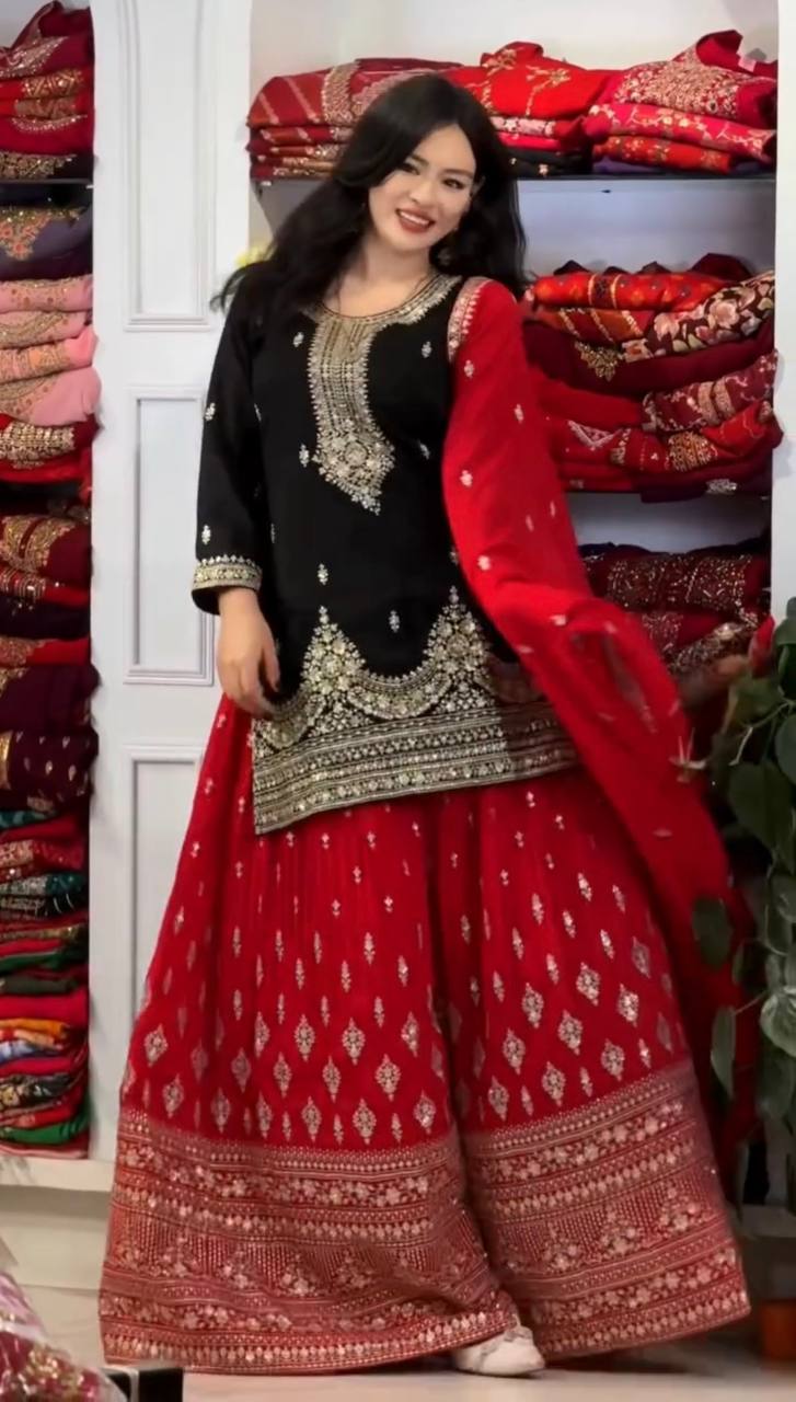 Black Pure Chinon Silk Embroidered Palazzo Set with 5mm Sequin Work & Matching Dupatta