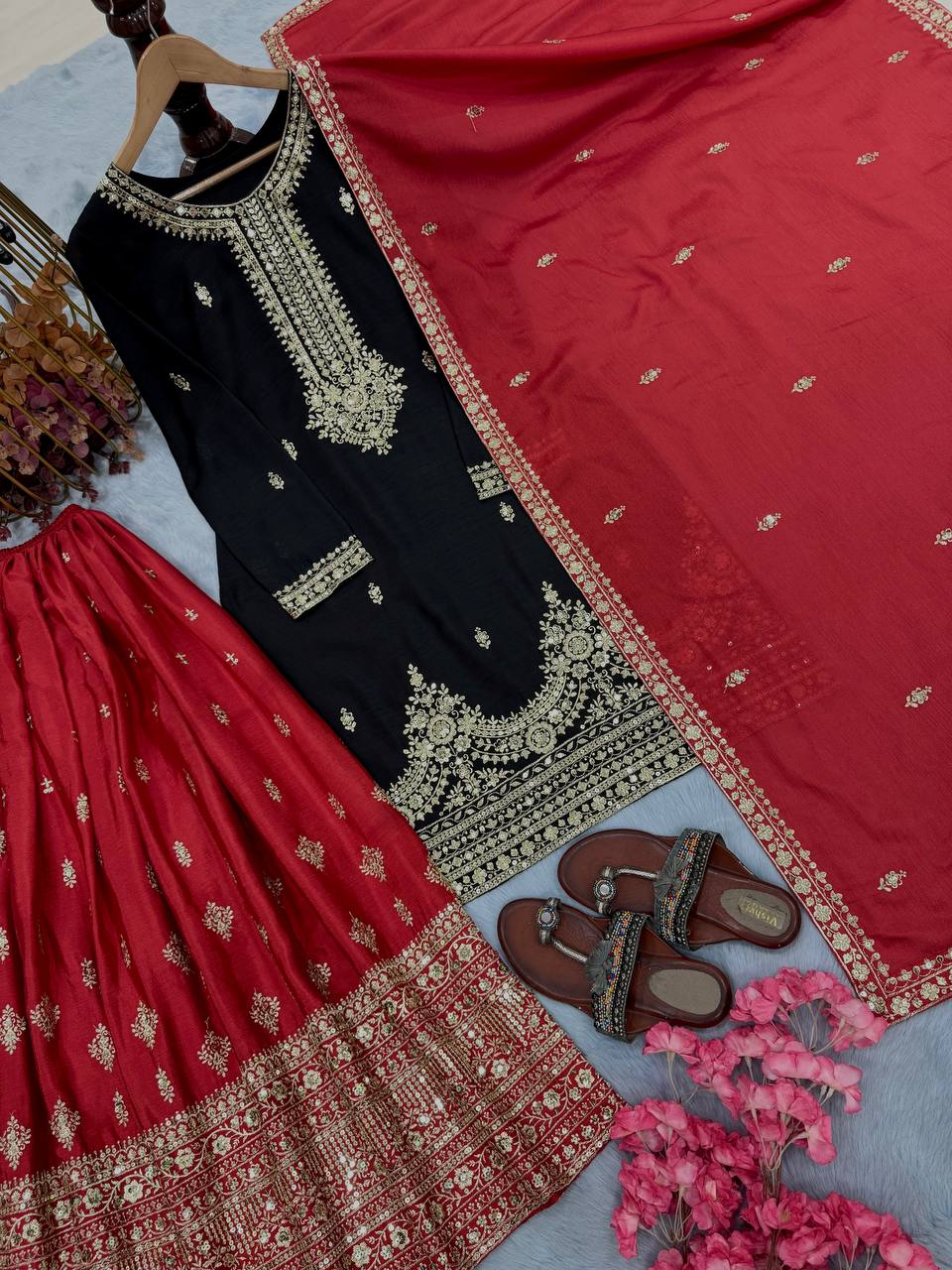 Black Pure Chinon Silk Embroidered Palazzo Set with 5mm Sequin Work & Matching Dupatta