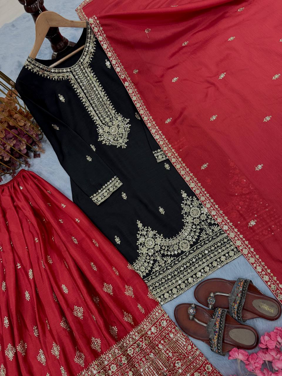 Black Pure Chinon Silk Embroidered Palazzo Set with 5mm Sequin Work & Matching Dupatta