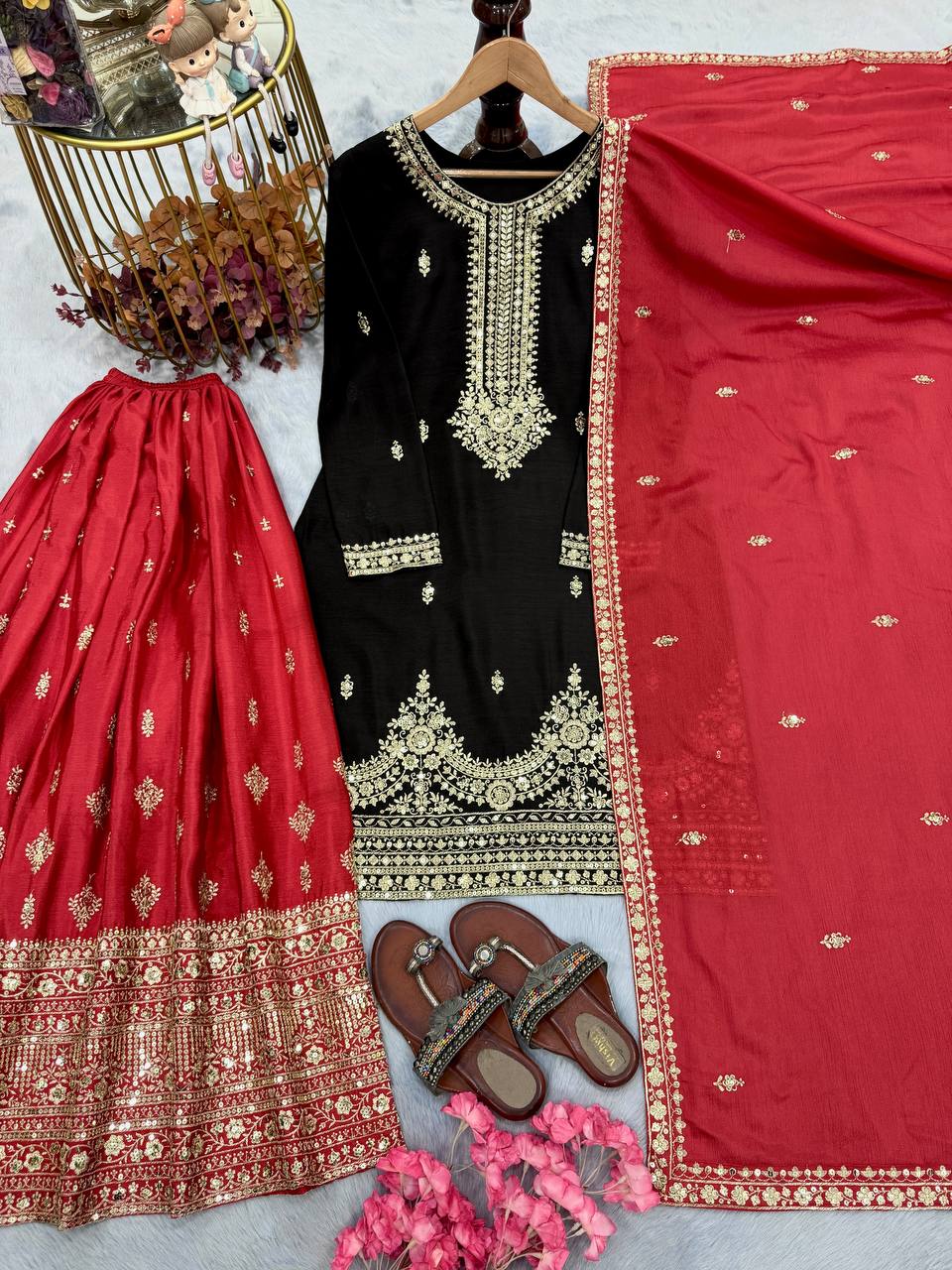 Black Pure Chinon Silk Embroidered Palazzo Set with 5mm Sequin Work & Matching Dupatta