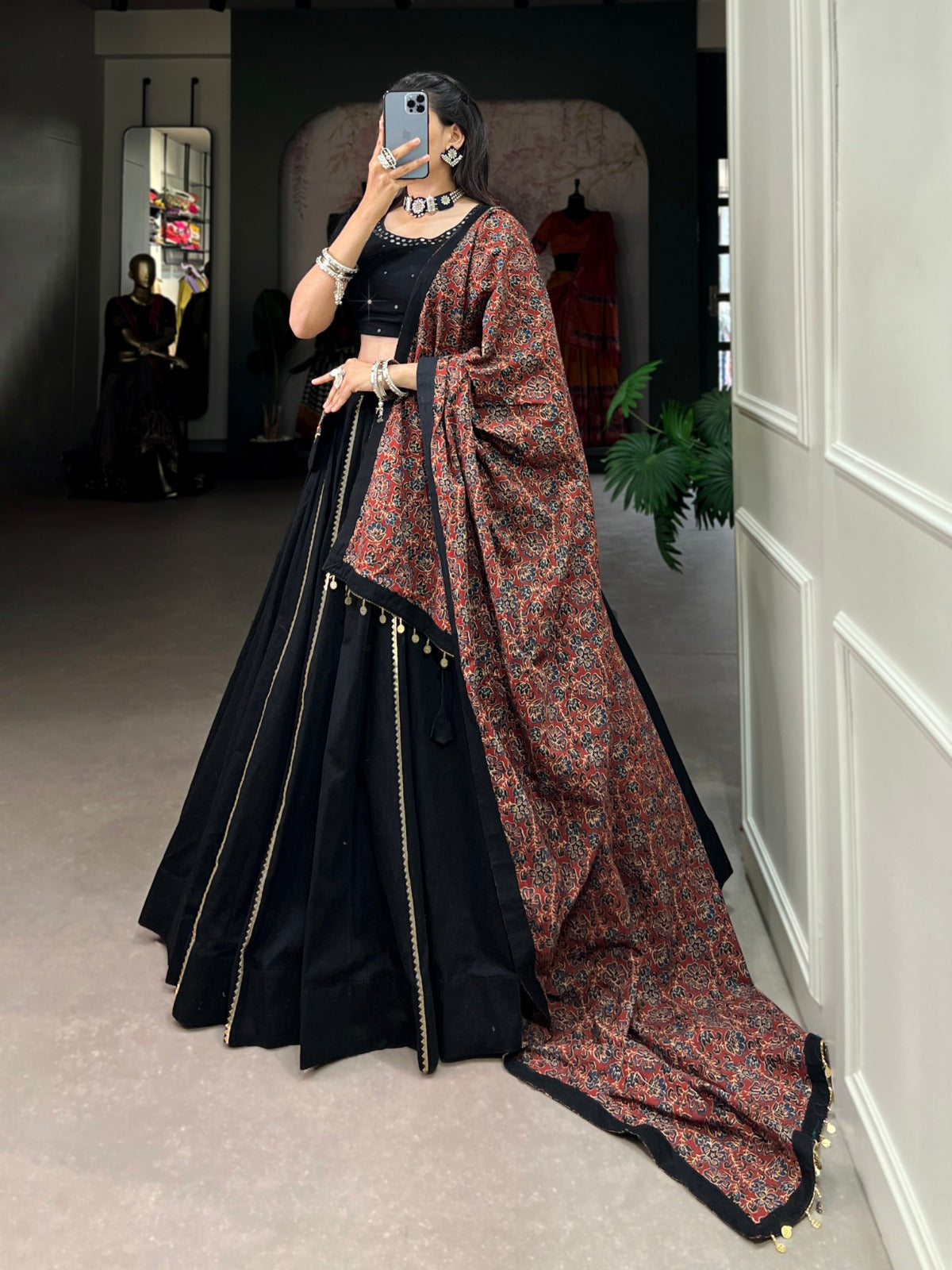 Black Pure Cotton Lehenga Choli Set with Purse