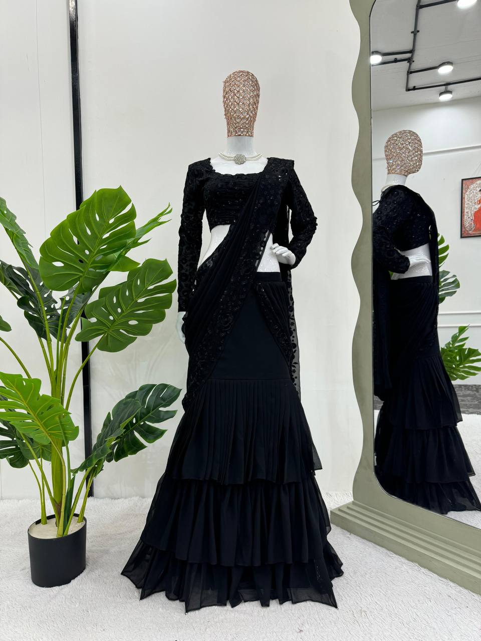 Black Ready-to-Wear Ruffle Style Lehenga Saree in Faux Georgette with Thread & Sequin Work