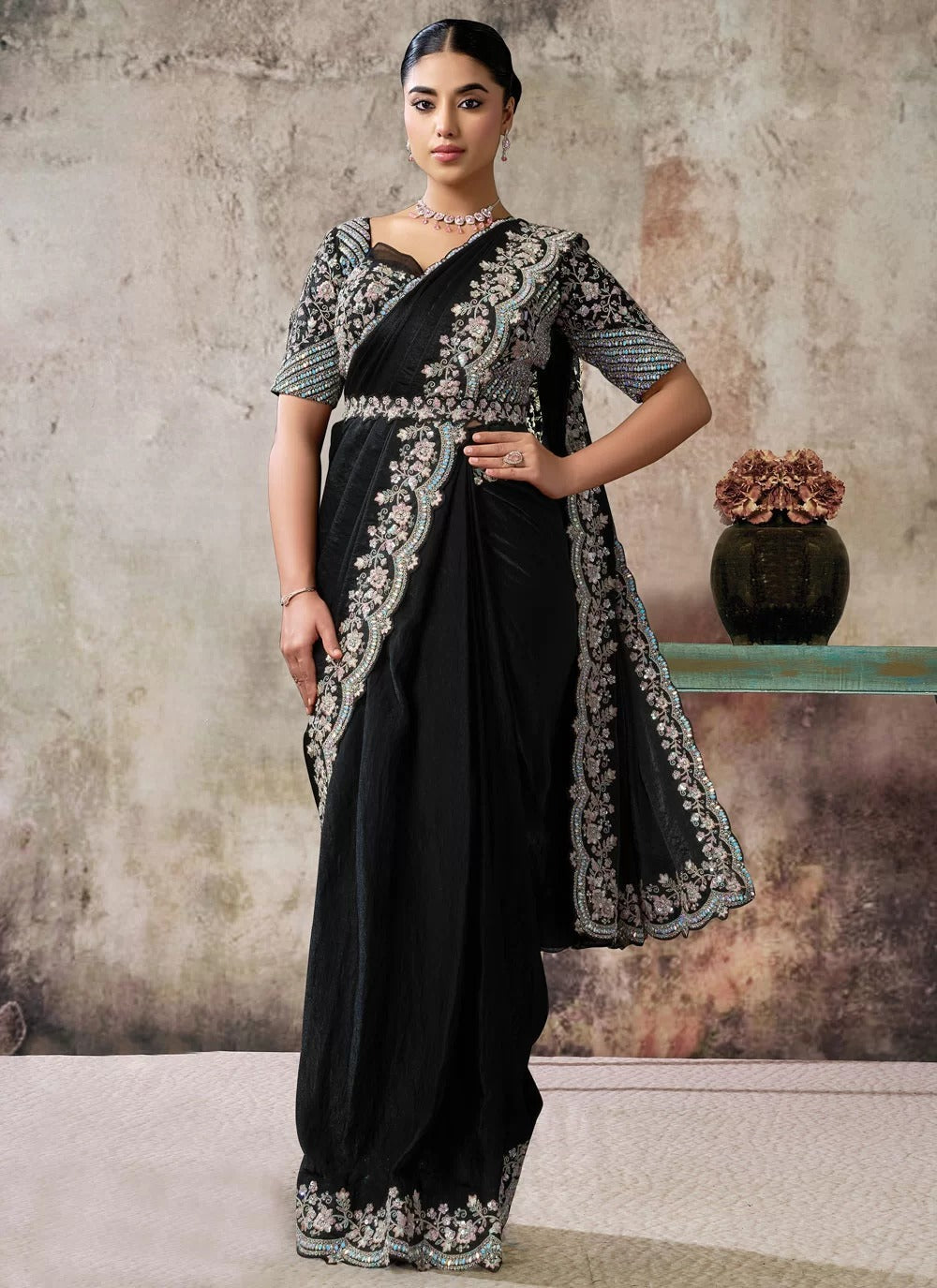 Black two tone satin silk ready to wear saree with sequins hand work