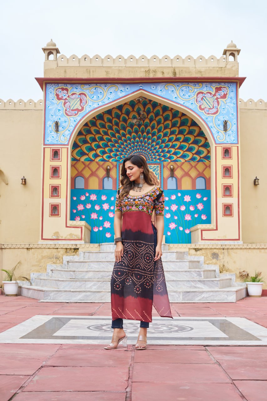 Black & Red Printed Rayon Kurti with Kutchi Gamthi Work – Round Neck, Half Sleeves, Cotton Lined