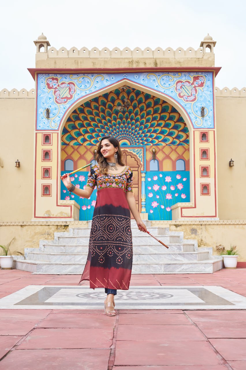Black & Red Printed Rayon Kurti with Kutchi Gamthi Work – Round Neck, Half Sleeves, Cotton Lined