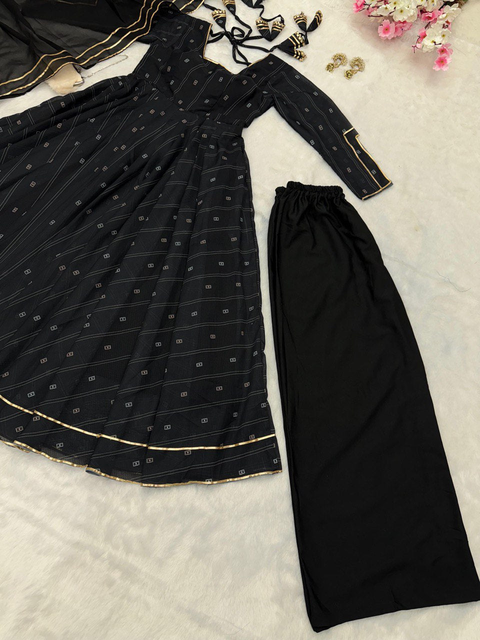 Black Exclusive Flame Anarkali Gown Set with Dupatta and Palazzo