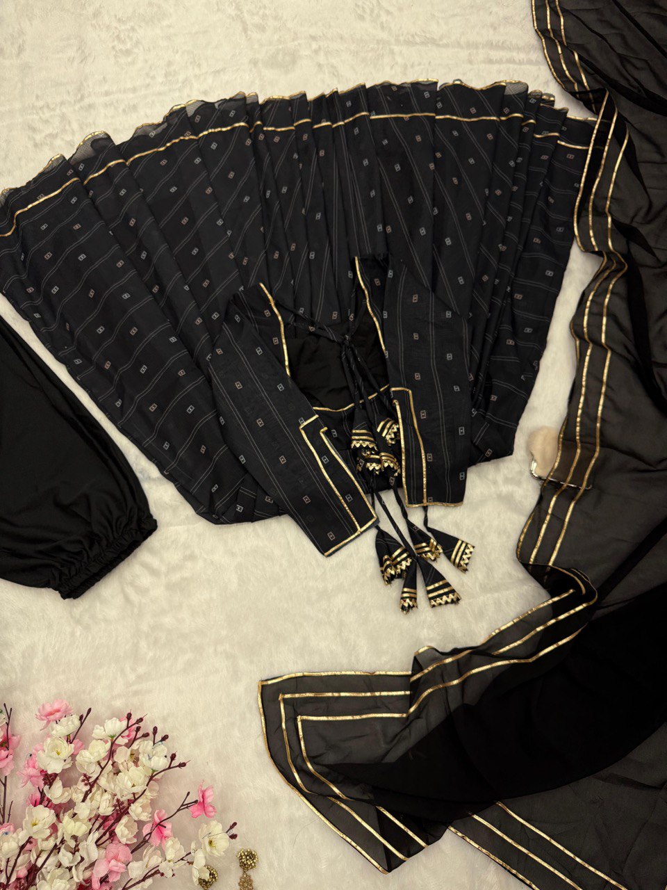 Black Exclusive Flame Anarkali Gown Set with Dupatta and Palazzo