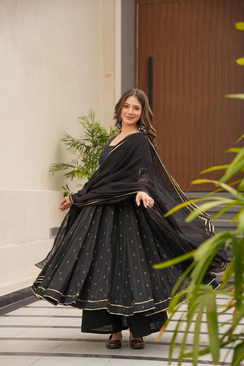 Black Exclusive Flame Anarkali Gown Set with Dupatta and Palazzo
