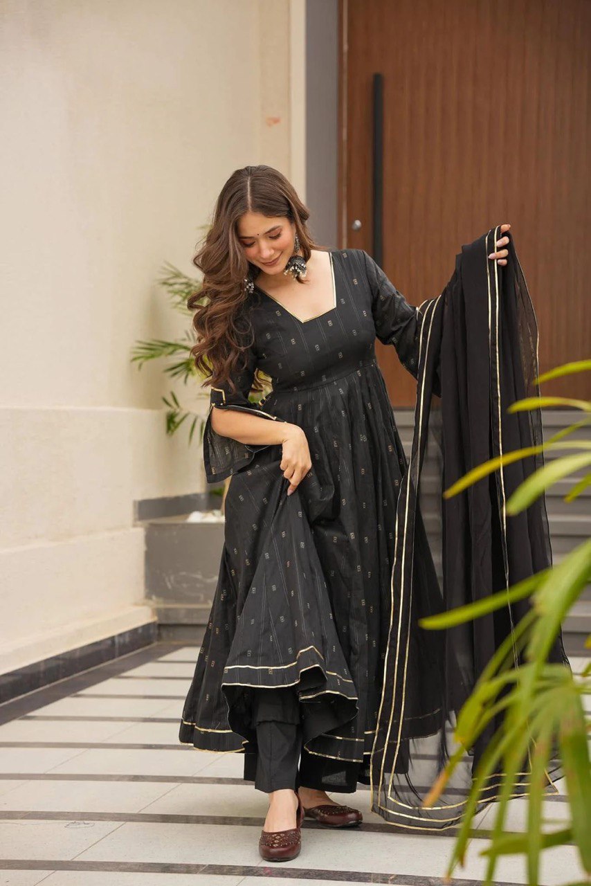 Black Exclusive Flame Anarkali Gown Set with Dupatta and Palazzo