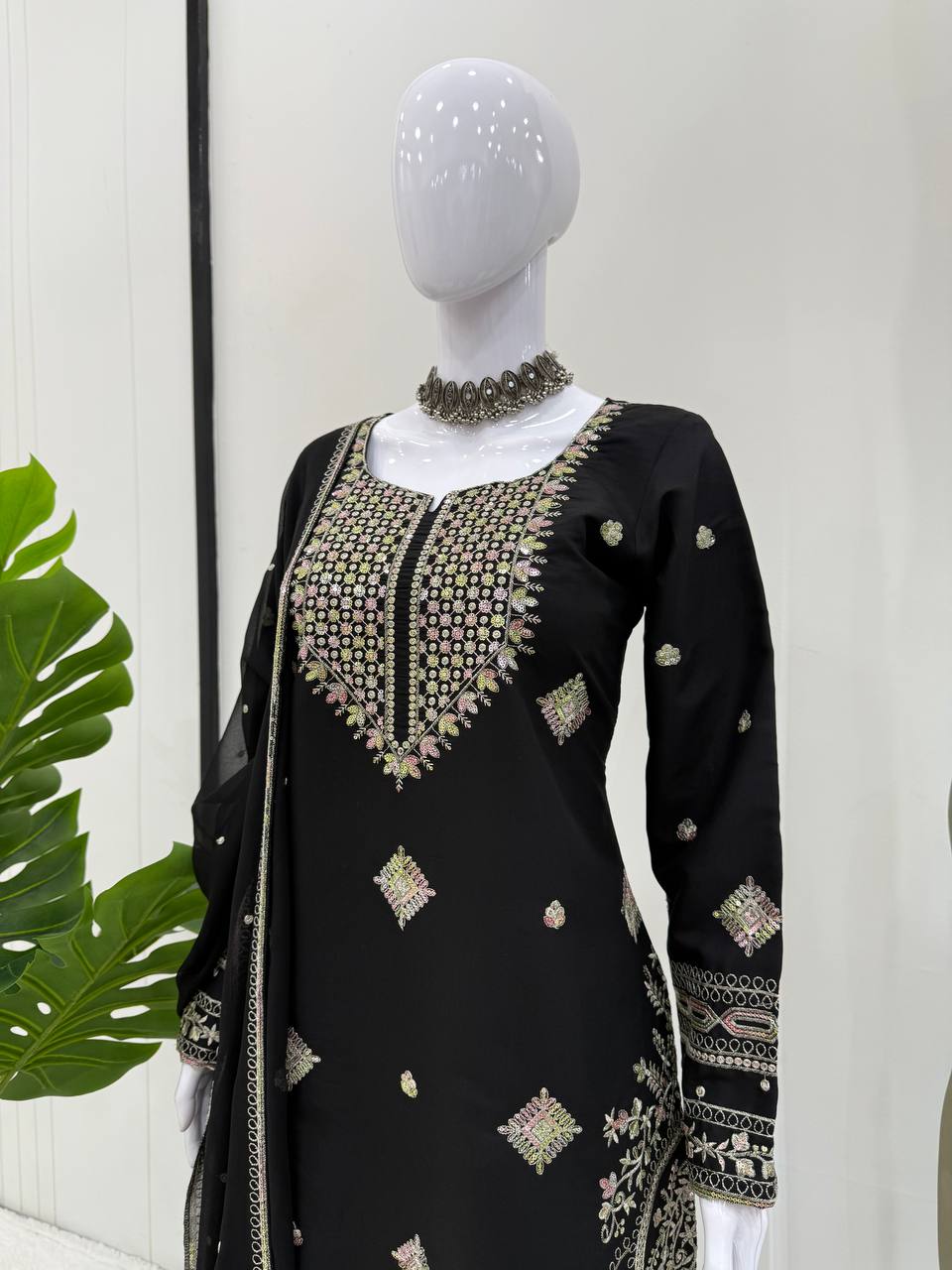 Black Roman Silk Embroidered Sharara Set with Faux Georgette Lace Border Dupatta