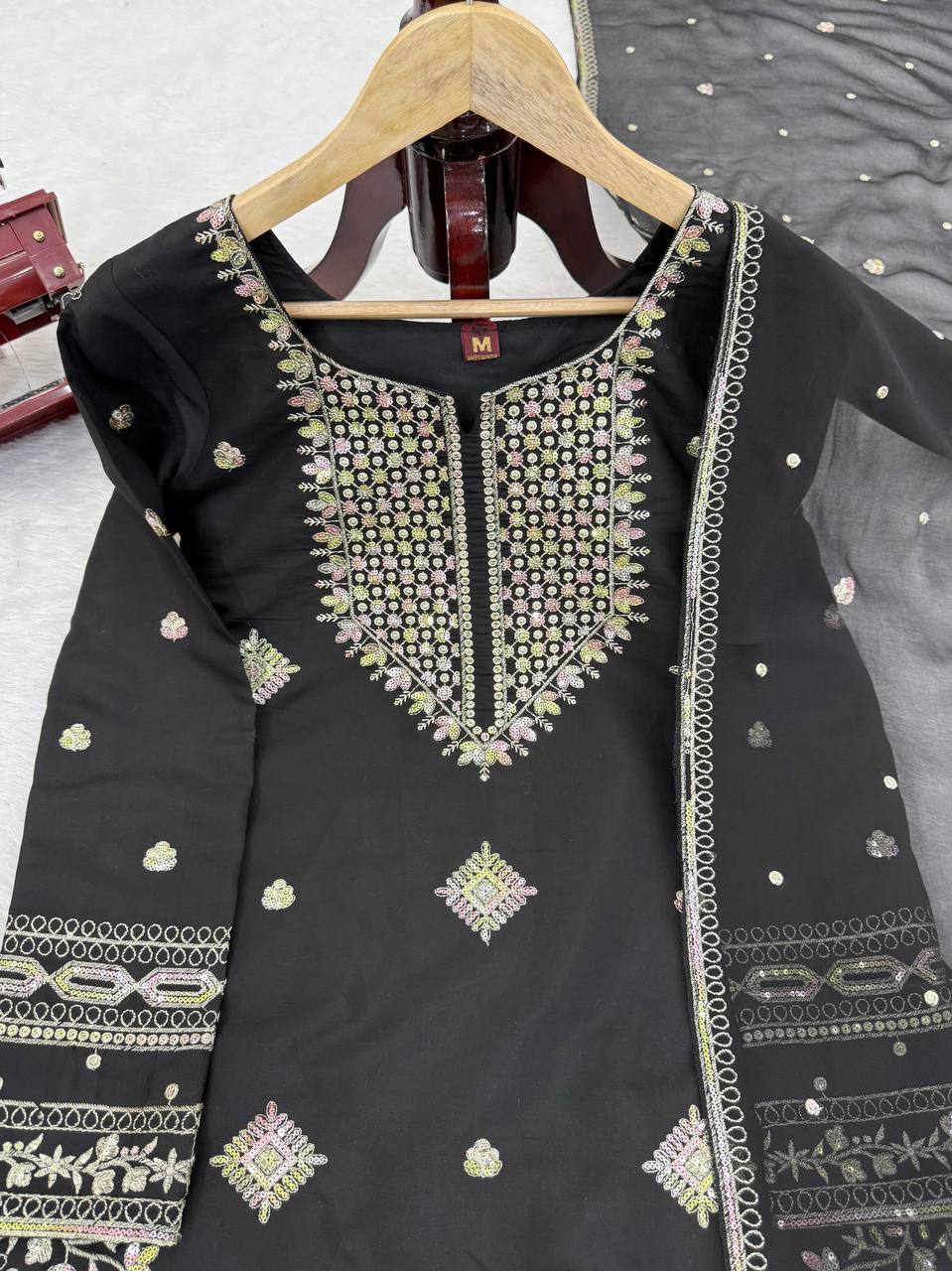 Black Roman Silk Embroidered Sharara Set with Faux Georgette Lace Border Dupatta