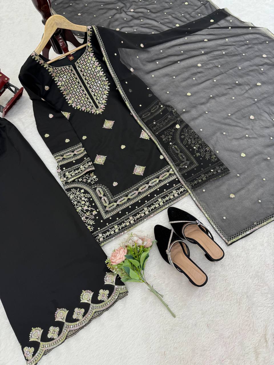 Black Roman Silk Embroidered Sharara Set with Faux Georgette Lace Border Dupatta
