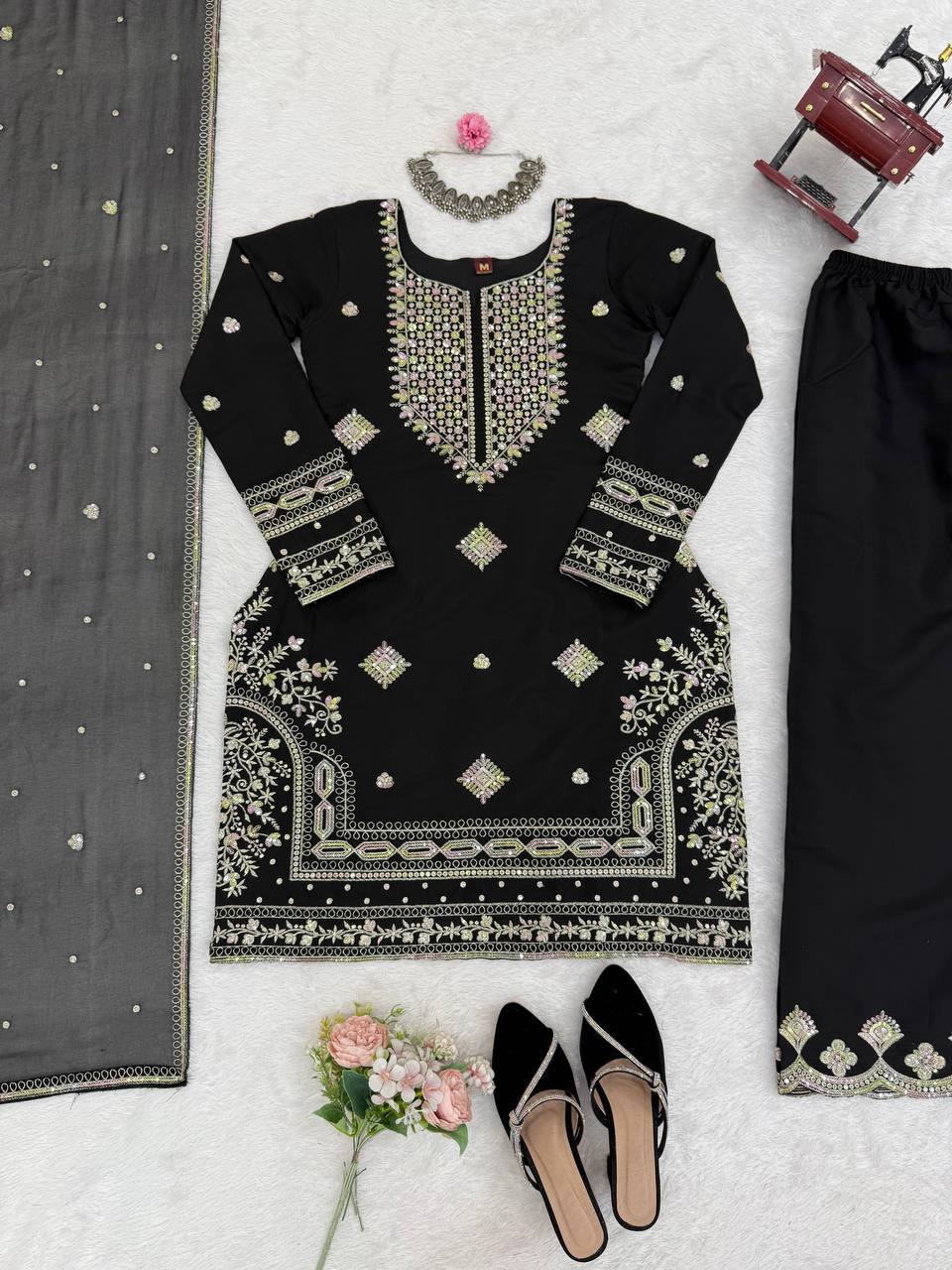 Black Roman Silk Embroidered Sharara Set with Faux Georgette Lace Border Dupatta