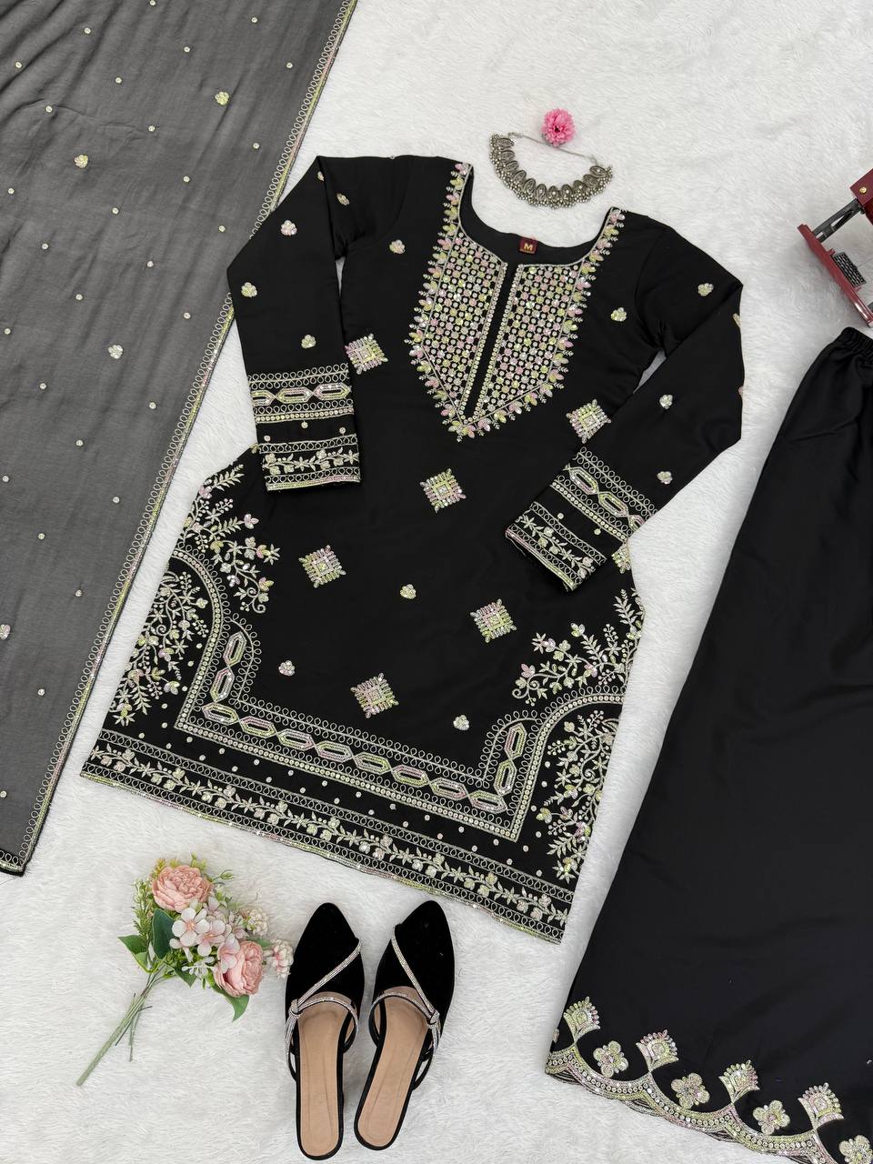 Black Roman Silk Embroidered Sharara Set with Faux Georgette Lace Border Dupatta